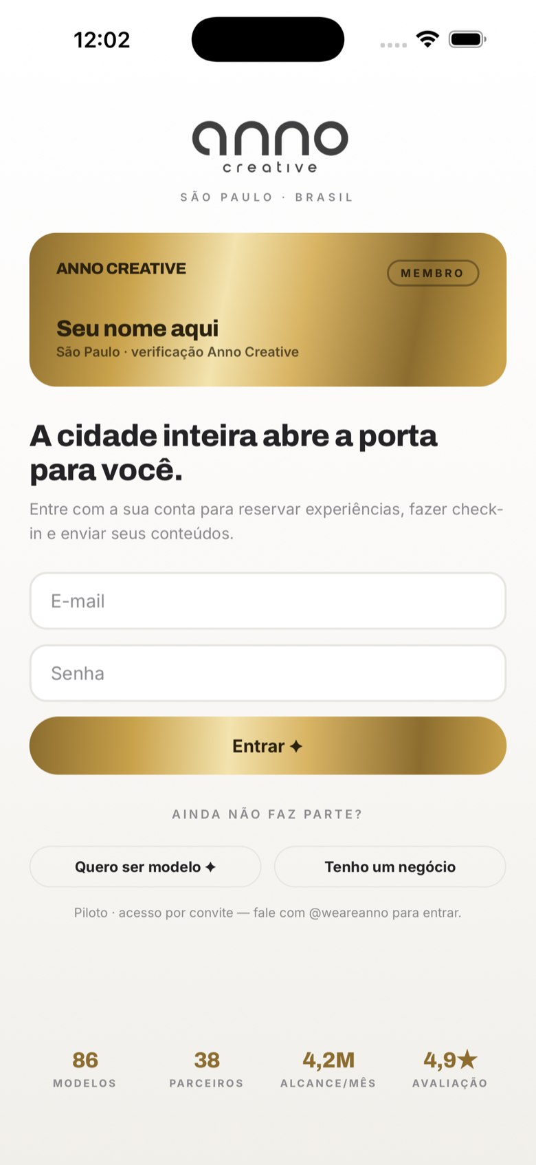 Tela de entrada do app ANNO CREATIVE